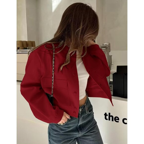 Women Red Cropped Bomber Jacket Button Down Varsity Shacket with Pockets - Picture 4 of 5
